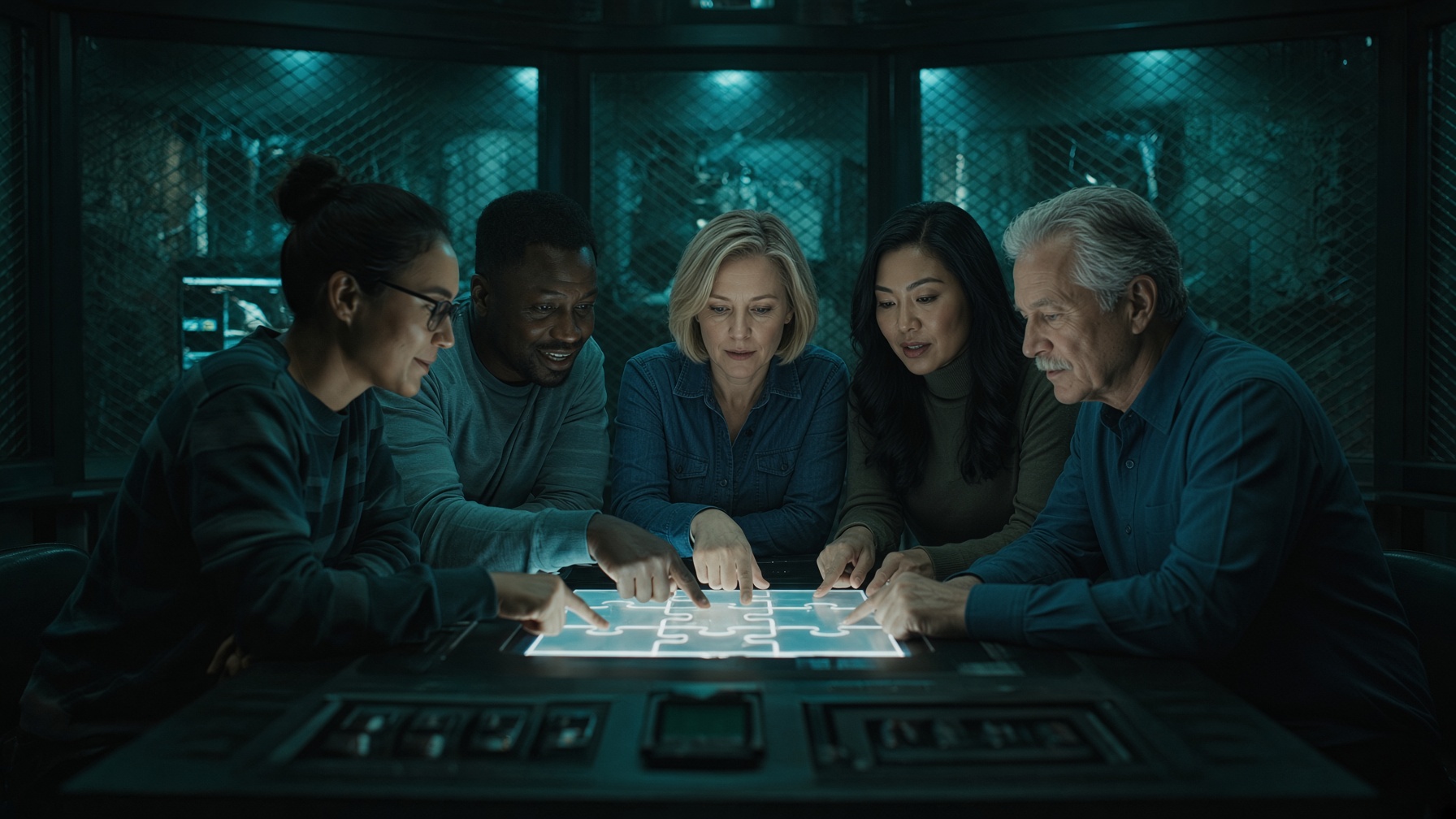 A team huddled around a glowing puzzle inside The Pod