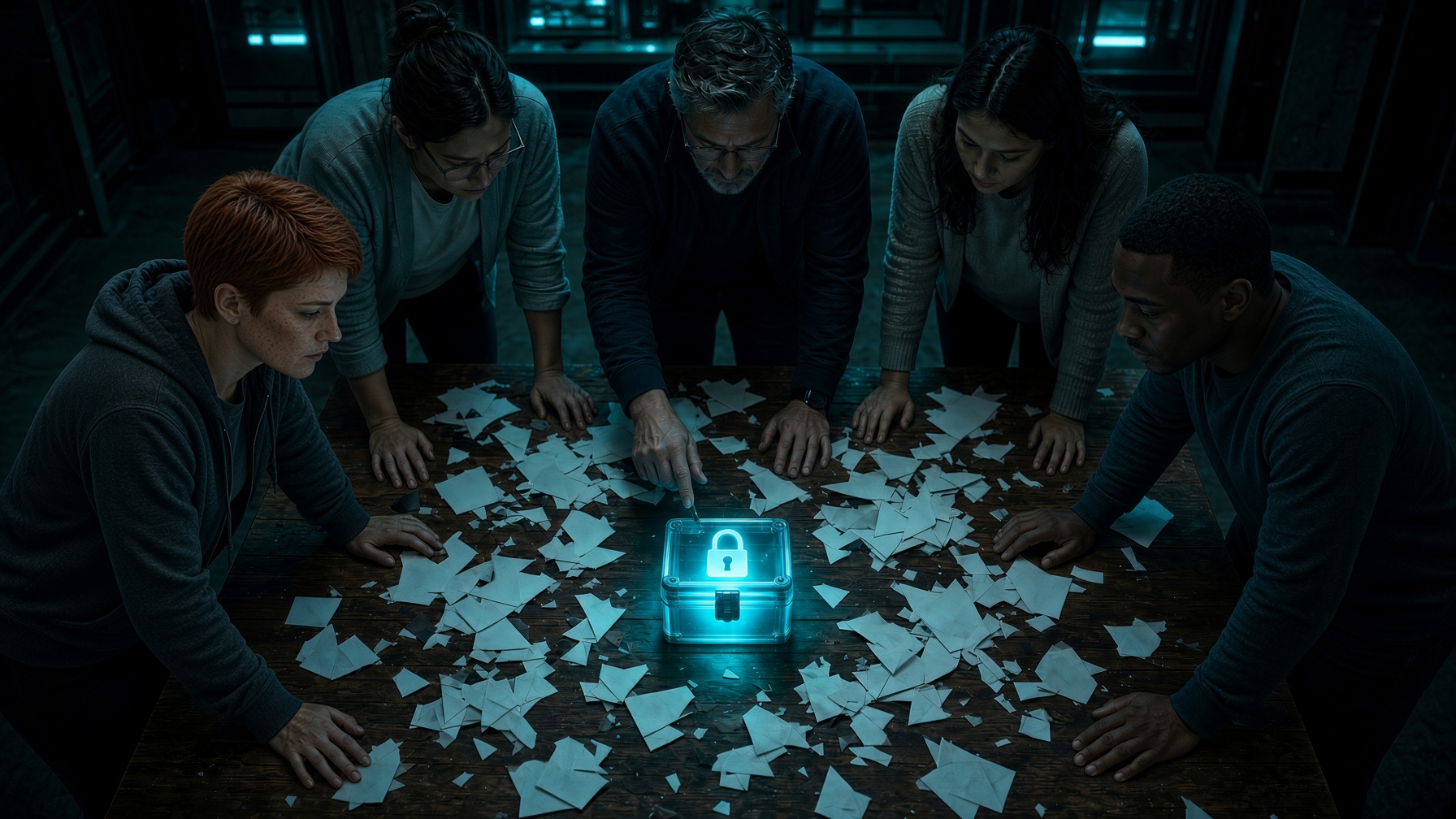 Coworkers leaning in over a glowing lockbox